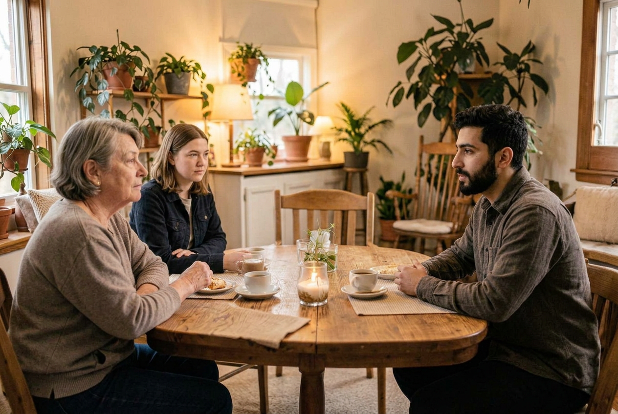 En blandad grupp vuxna i olika åldrar som samtalar runt ett träbord